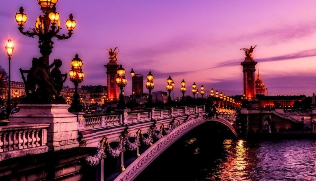 A dreamy, romantic view of Paris at twilight, captured with a soft, cinematic lens. The Eiffel Tower stands tall in the center, its intricate ironwork illuminated by warm, golden lights that cast a gentle glow across the cityscape. In the foreground, a quaint Parisian street leads the eye towards the iconic landmark, flanked by charming cafes and cobblestone sidewalks. Wispy clouds drift across a pastel sky, creating a sense of tranquility and timelessness. The overall atmosphere is one of tranquility and enchantment, inviting the viewer to imagine strolling through the "City of Light" without the crowds. Ponte sobre o Rio Sena a noite