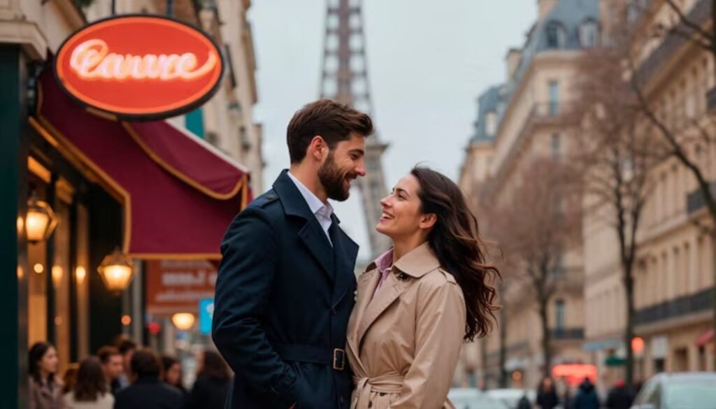 A serene Parisian street, the iconic Eiffel Tower visible in the distance. In the foreground, a couple strolling hand-in-hand, gazing into a charming patisserie window, considering their options for a thrifty yet delightful meal. Soft, warm lighting bathes the scene, creating an inviting, cozy atmosphere. The middle ground features quaint cafes and shops, their prices displayed in a way that suggests affordable indulgences. In the background, the city's majestic architecture frames the composition, hinting at the cultural riches to be discovered on a budget-conscious Parisian adventure.