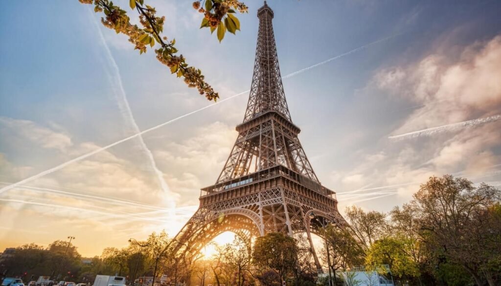 A breathtaking cityscape of Paris throughout the seasons, captured with stunning realism. In the foreground, a tranquil park scene unfolds, with lush greenery and blooming flowers in the spring, sun-dappled pathways in the summer, vibrant fall foliage, and a dusting of snow in the winter. The middle ground showcases the iconic Eiffel Tower, its wrought-iron silhouette standing proud against a warm, golden-hour sky in the spring and summer, and a moody, overcast backdrop in the autumn and winter. In the distance, the city's historic architecture and winding streets are bathed in soft, diffused light, conveying a sense of timeless elegance and charm. The overall composition evokes the changing moods and atmospheres of Paris throughout the year, from the lively, bustling streets to the tranquil, picturesque moments that make this city so captivating. Torre Eiffel ao Anoitecer
