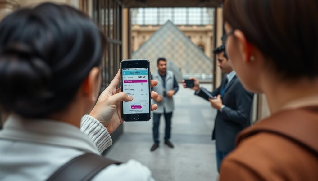 Turista mostrando ingresso digital do museu do Louvre ingresso na entrada do museu Turista mostrando ingresso digital do museu do Louvre ingresso na entrada do museu