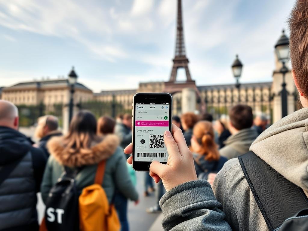Turistas usando ingressos digitais para acessar atrações em Paris - roteiro paris 5 dias Turistas usando ingressos digitais para acessar atrações em Paris - roteiro paris 5 dias
