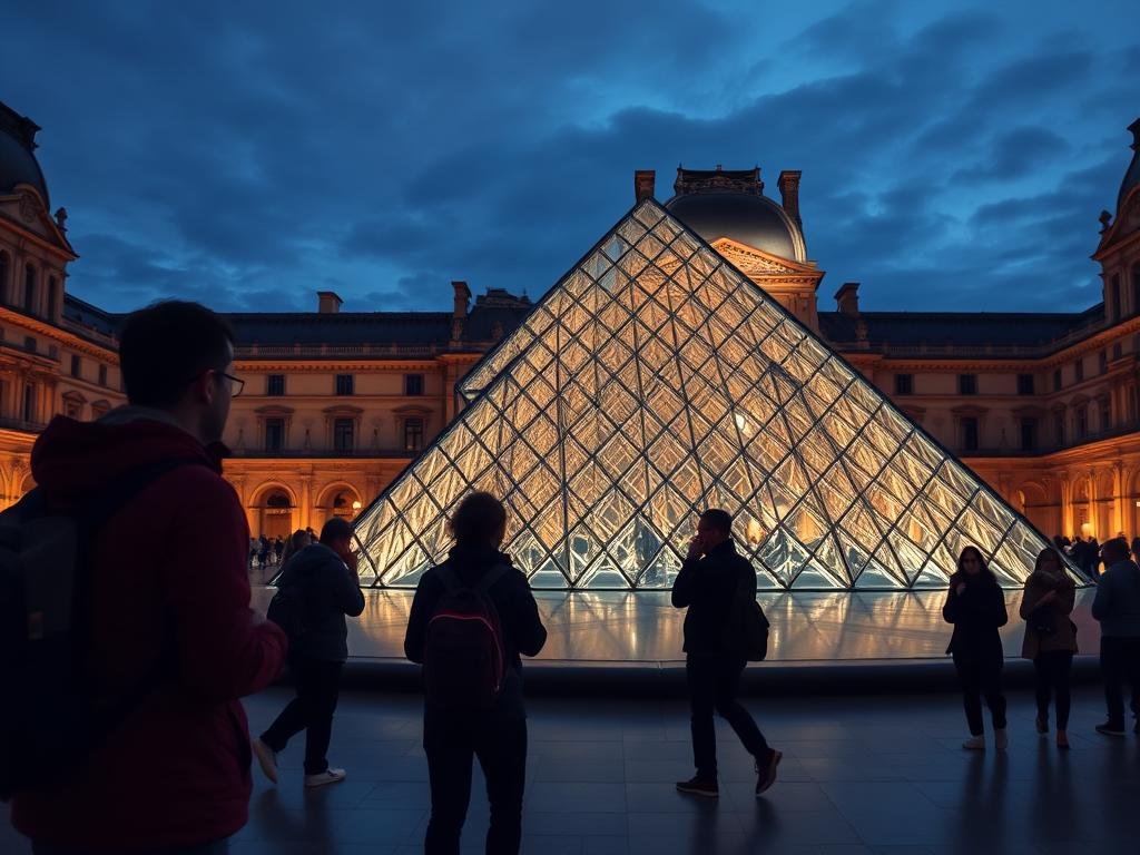 Visitantes no Museu do Louvre à noite com iluminação especial, usando museu do Louvre ingresso noturno Visitantes no Museu do Louvre à noite com iluminação especial, usando museu do Louvre ingresso noturno